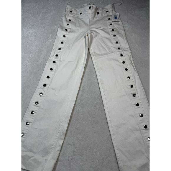 Staud Carter White Denim Straight Leg Sailor Flap Silver Buttons SZ 8 NWT 32” - Picture 4 of 9